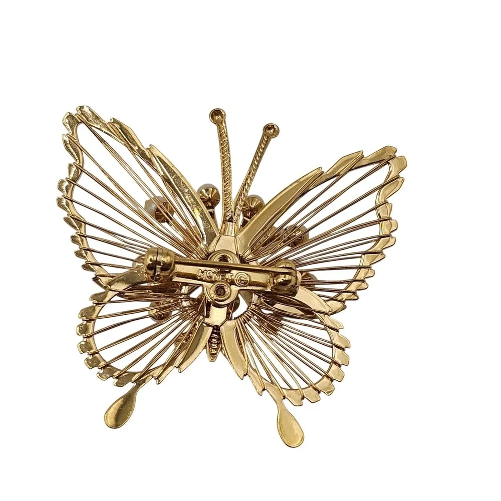 Vtg Brooch Lot 2pc Gold Tone Faux Pearl Statement 2.5